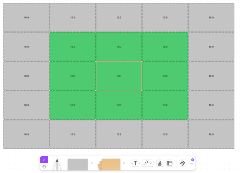 Image of level composed with screen sizes. Each 16:9 would be an entire area the camera can view. Naturally, the camera is not locked so it's only for map size reference. The playable level would then consist of 9 screen sections marked with green colors. Grey colors are restricted areas but still viewable.