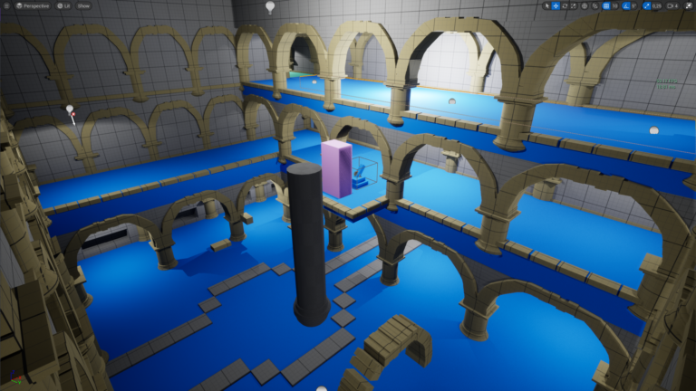 After adding new pillar meshes and decorations I color coded the level, with blue being a surface to walk on. Grey being walls, gold being obstacles